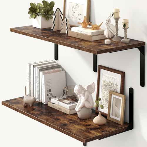 Rustic Brown 12 Inch Deep Floating Shelves Set of 2, Wall Mounted Shelf with Metal Brackets, Rustic Wood Wall Shelf for Bathroom, Kitchen and Living Room, Rustic Brown, 32W x 12D