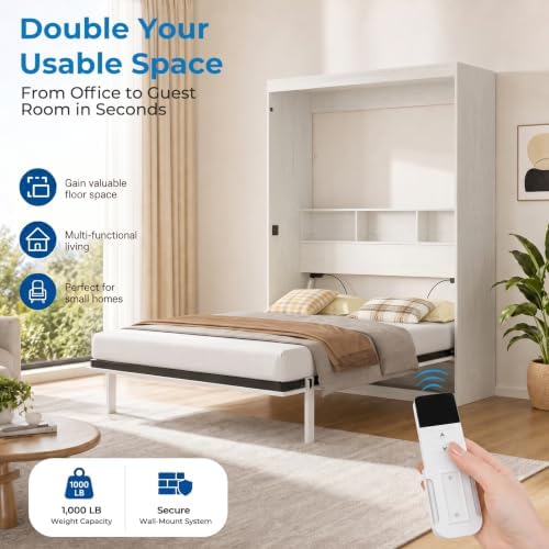 Mjkone Full Size Murphy Bed, Cabinet Beds Full with Motor-Driven Lifting System & Bedside Storage, Hidden Wall Murphy Automatic Lift Up Beds & Legs, Space-Saving Guest Bed for Apartment - White