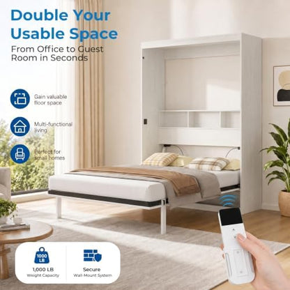Mjkone Full Size Murphy Bed, Cabinet Beds Full with Motor-Driven Lifting System & Bedside Storage, Hidden Wall Murphy Automatic Lift Up Beds & Legs, Space-Saving Guest Bed for Apartment - White