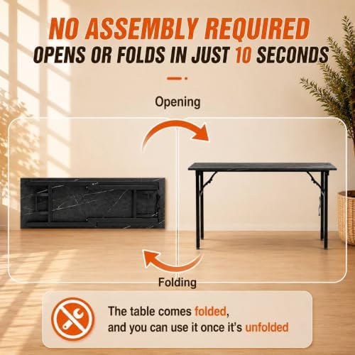 Folding Table Computer Desk - 55.1" No Assembly Folding Desk with Power Outlets & USB Charging Port, Small Desk, Foldable Office Desk, Compact Storage Portable Use for Small Space, Marble Greige