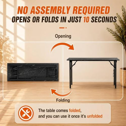Folding Table Computer Desk - 55.1" No Assembly Folding Desk with Power Outlets & USB Charging Port, Small Desk, Foldable Office Desk, Compact Storage Portable Use for Small Space, Marble Greige