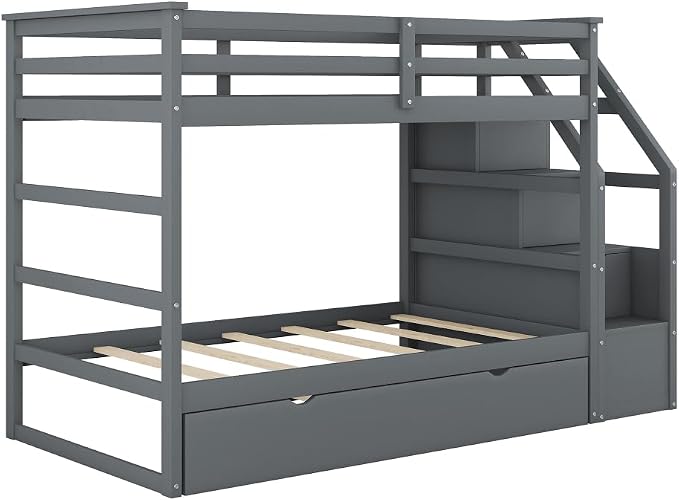 MERITLINE Twin Over Twin Bunk Beds with Trundle and Storage Box, Solid Wood Bunk Bed with Stairs and Storage Case for Teens Adults (Gray + Solid Wood)