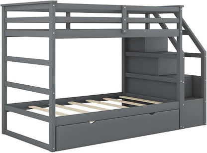MERITLINE Twin Over Twin Bunk Beds with Trundle and Storage Box, Solid Wood Bunk Bed with Stairs and Storage Case for Teens Adults (Gray + Solid Wood)
