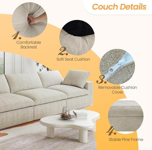 JACH 160" Cloud Sectional Couch, Modern Modular Convertible Sofa, Couch Cushion Covers Removable, 4-Seats Sofas Furniture for Living Room Bedroom Apartment (Khaki)