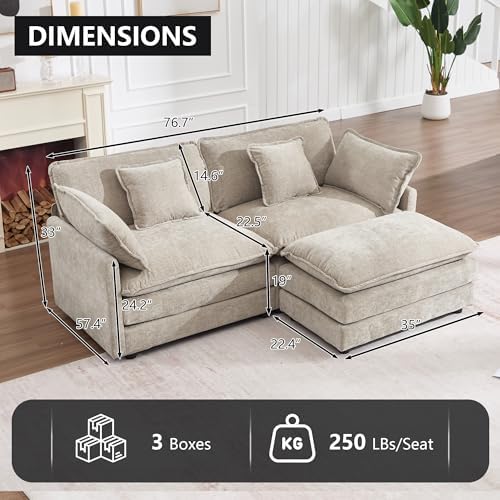Tmsan 76.7" L Shape Loveseat Sectional Couch, 2 Seater Cloud Modular Sofa