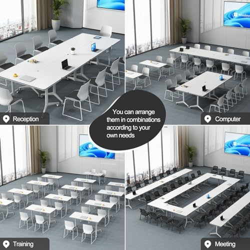 Folding Conference Table Modern Large Mobile Meeting Table Rolling Conference Room Tables with Wheels Seminar Tables for Office Training Classroom (6, White, 63" D X 19.7" W X 29.5" H)