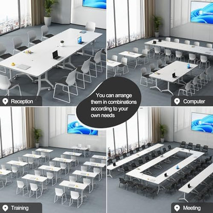 Folding Conference Table Modern Large Mobile Meeting Table Rolling Conference Room Tables with Wheels Seminar Tables for Office Training Classroom (6, White, 63" D X 19.7" W X 29.5" H)