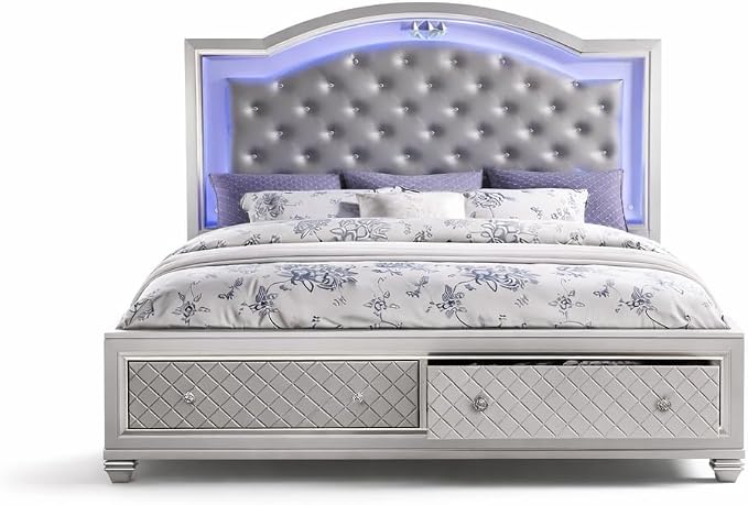 First of a Kind Shiney Contemporary 5 Piece Queen Bedroom Set High Gloss Silver Finish with Upholstered Headboard, Sleek Modern Bedroom Furniture Set for Coordinated Interiors