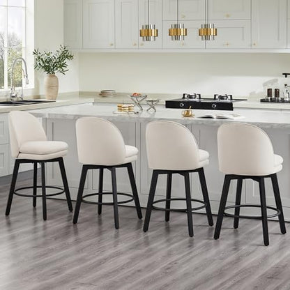 KISLOT Counter Height Barstools 26 inch Upholstered Swivel Bar Stools with Back and Wood Legs for Kitchen Island,Set of 2,Ivory Fabric-Armless