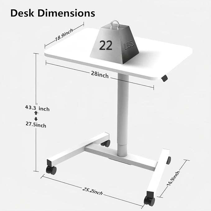 28-Inch Mobile Standing Desk, Computer Workstations with Cup Holder, Portable Standing Desk with Lockable Wheels, Rolling Table for Home Office Classroom Hospital (Snow-White, Steel Classic)