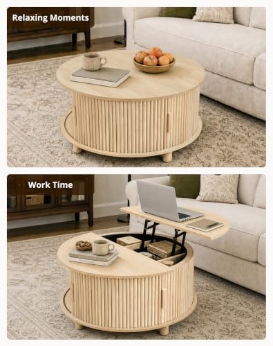 Round Lift Top Coffee Table with Storage for Living Room, Oak