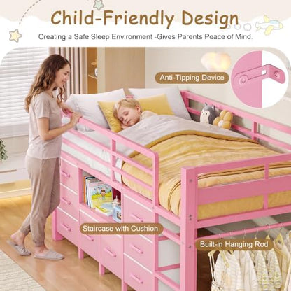 Feonase Low Loft Bed Twin Size with 8 Storage Drawers, Twin Loft Bed with Bookcase, Metal Kids Loft Bed with 13" H Safety Guardrail, Under-Bed Play Space and Play Curtain for Kids, Pink