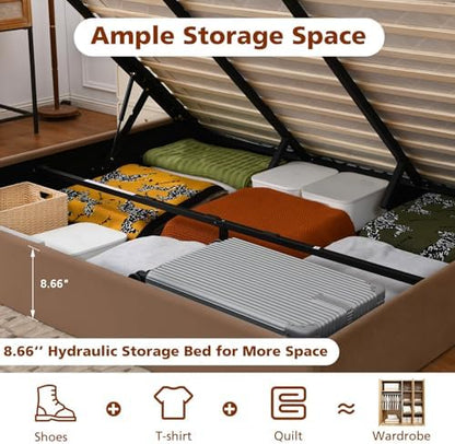 VELOCAVA California King Lift Up Storage Bed Frame, Velvet-Look Upholstered Bed with Modern Wingback Headboard, Hydraulic Lift Storage, Wood Slat Support, No Box Spring Needed, Brown