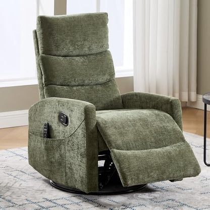 Trustyue Swivel Rocker Recliner Chair, 360° Swivel Recliner with Heat and Massage, Rocker Recliner Nursery Glider Chair with Side Pockets for Living Room (Green1, Fabric)