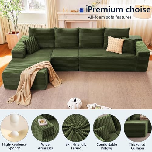 135" Modular Sectional Sofa, Sponge Sofa for Living Room, High Density Sponges Cloud Couch,Modular L-Shape Sofa Couch with Chaise, (Green)