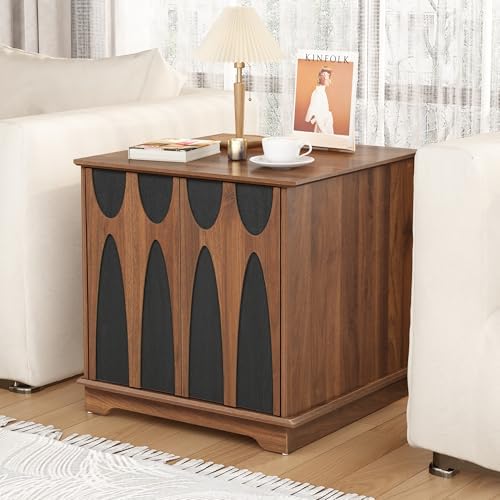 24inch Large Square End Table with Storage, Walnut and Black