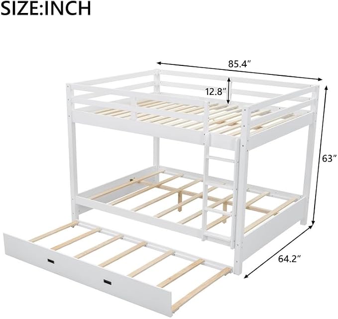 Merax Queen Size Bed with Trundle - Space-Saving Solid Wood Frame, Built-in Safety Rails and Ladderm, White