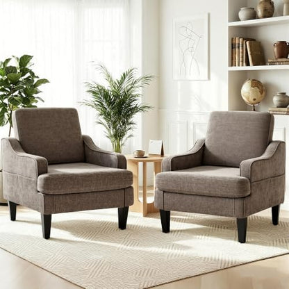 Set of 2 Accent Chair for Living Room,Mid-Century Arm Chair Chenille Fabric Living Room Chairs,Upholstered Reading Chair for Bedroom,Single Sofa Chair with Wood Legs for Apartment (Brown)