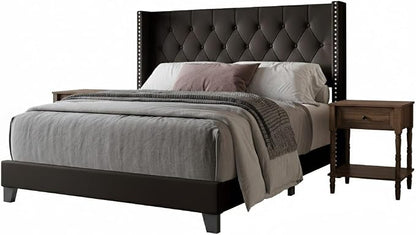 HOME DESIGN Homer Twin Tufted Wingback Upholstered Panel Bed with 2 Matching 1 Drawer Nightstands, Bedroom Furniture Set with Open Shelf Storage, Brown Brown