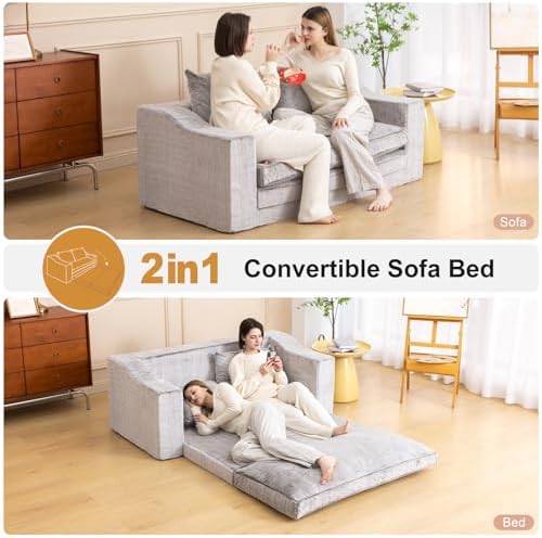 61" Boneless Loveseat Sleeper, Folding Sofa Bed, Faux Fur Cover, Dove Grey