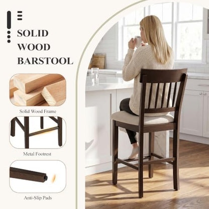 Wooden Bar Stools Set of 6, Counter Height Bar Stools, Modern Bar Stools, 25 Inch Upholstered Fabric Wood Barstools with Slat Back, Metal Footrest for Kitchen Island, Dining Room Bar