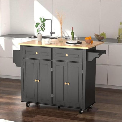 51 Kitchen Island Cart with Drop Leaf Breakfast Bar, Rolling Mobile Kitchen Island Table on Wheels with Storage Cabinet, Drawer, Spice/Towel Rack, Black