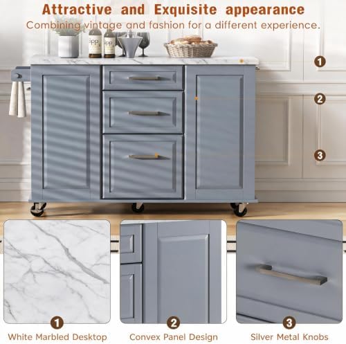 Kitchen Island with Storage on Wheels, Tilt Out Trash Can Cabinet