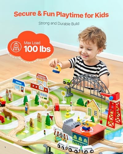 VEVOR Train Table, 120 Multicolor Pieces Wooden Kids Activity Table with Collapsible Storage Bin, 3-in-1 Wooden Train Set for Gaming, Drawing, Reading, Eating, Creative Toy Set for Kids Ages 3+