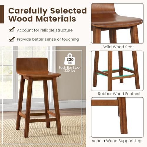 GIANTEX 24.5" Bar Stools Set of 2, Counter Height Bar Stools w/Low Back & Footrest, Farmhouse Wooden Bar Dining Chairs, Armless Wood Barstools for Kitchen Island, Pub, Kitchen, Cafe, Breakfast, Brown