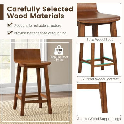 GIANTEX 24.5" Bar Stools Set of 2, Counter Height Bar Stools w/Low Back & Footrest, Farmhouse Wooden Bar Dining Chairs, Armless Wood Barstools for Kitchen Island, Pub, Kitchen, Cafe, Breakfast, Brown