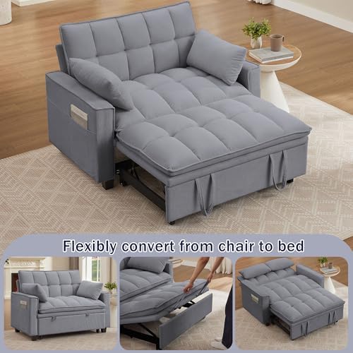 Sleeper Sofa with Pull Out Couch Bed, 48.43" Convertible Pull-Out Sofa Bed Chair, 3-in-1 Futon Couch with Reclining Backrest and Side Pockets for Living Room Bedroom Apartment, Light Grey