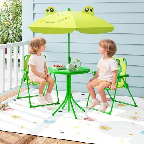 HONEY JOY Kids Picnic Table, Animal Themed Toddler Outdoor Table and Chair Set, 2 Folding Chairs & Removable Umbrella, Children Outdoor Furniture for Backyard Patio Garden (Light Green Frog)