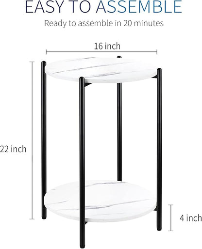 Small Round Side Table Set of 2, Black End Table with Faux Marble Top | Modern Sofa Table for Small Spaces, Living Room Furniture, Couch Side Stand, Bedroom Nightstand