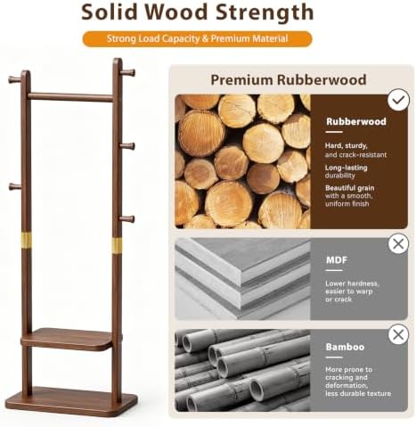 Solid Wood Coat Rack, Freestanding Clothing Rack with 2 Shelves Storage & 5 Hooks, Heavy Duty Clothes Rack Stand for Hall, Bedroom, Living Room
