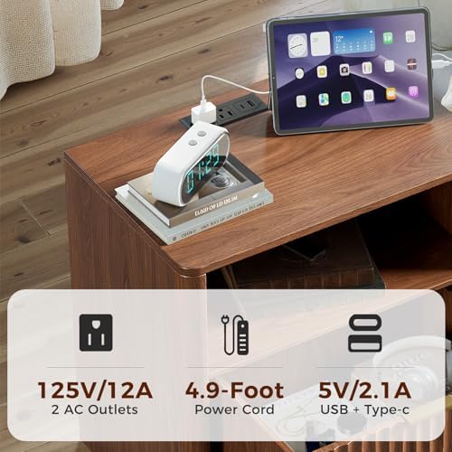 Evermagin Fluted Nightstand Set of 2 with Charging Station, Walnut