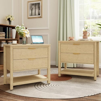 MALOL Night Stand Set of 2 with Open Storage Shelf, Natural Wood