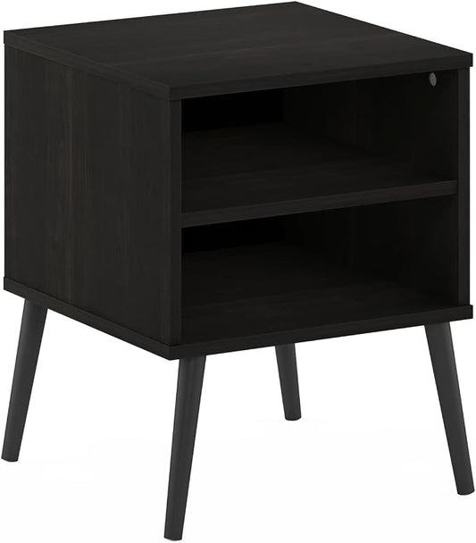 Furinno Claude Mid Century Style Nightstand with Wood Legs, 15.55 (D) x 15.55 (W) x 20.16 (H) inches, Espresso | Square Nightstand with Wooden Legs, Open Shelf Bedside Table, End Table, Side Table, for Bedroom, Closet, Dorm