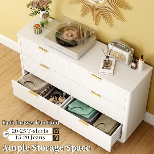 Fluted Dresser for Bedroom with 6 Drawers, 54" Wide Modern Chest of Drawers with Lighting, Wooden Dresser TV Stand with Curved Edges, Closet Organizer for Living Room, Hallway,White