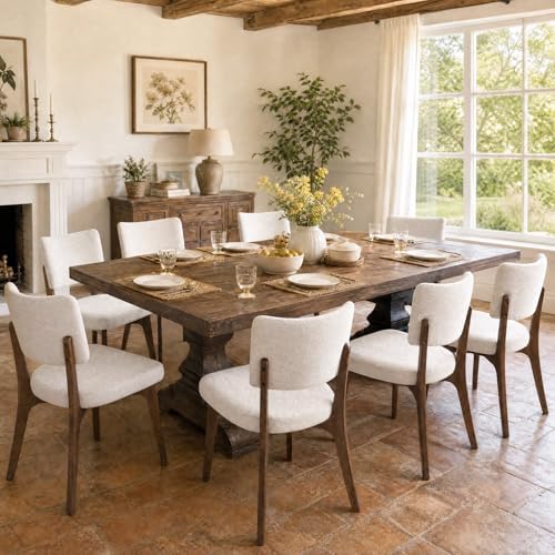 YOUNIKE Wooden Dining Chairs Set of 8, Chenille Fabric Upholstered Dining Room Chairs Kitchen Side Chairs, Farmhouse Dinner Chairs with Solid Wood Legs for Kitchen Dining Vanity, Beige