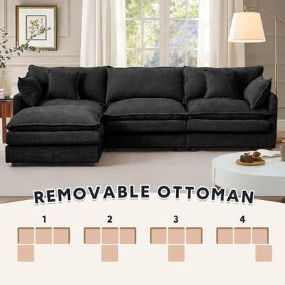 Modern 102" L Shaped Sectional Sofa Cloud Couch, Modern Chenille Comfy Modular Sleeper Sofa, Upholstery Sofa with Ottoman & Memory Foam for Living Room, Black