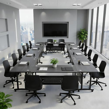 Folding Conference Table, Conference Room Tables with Wheels Foldable Large Rectangle Meeting Seminar Table for 6-12 People, Flip Top Mobile Training Table for Office Classr (4, Black 4, 55.1in)