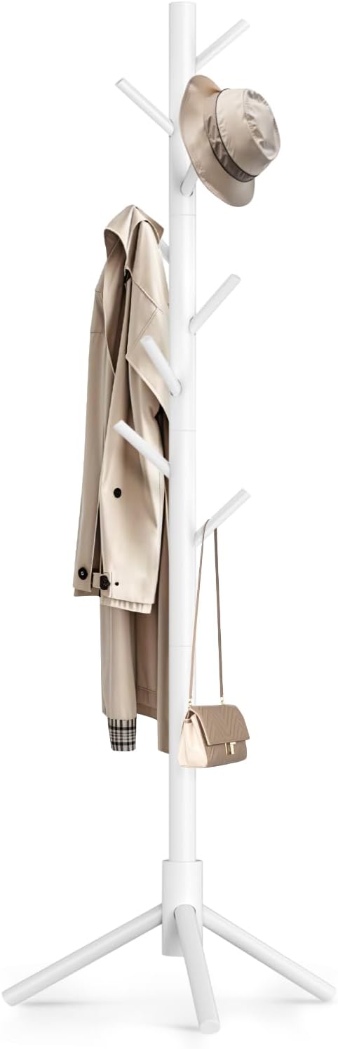 Wooden Coat Rack Freestanding with 8 Hooks,Easy Assembly New Zealand Pine Tree Coat Racks, 3 Adjustable Sizes for Clothes, Hats, Bags, for Entryway, Hallway, Bedroom, Office (White, 1 PC)