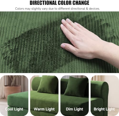 59" Convertible Sofa Bed, Corduroy Loveseat Sleeper Sofa with Pocket Springs, Foldable Floor Futon Couch with Removable Machine-Washable Cover, 2 Pillows, No Assembly, Dark Green