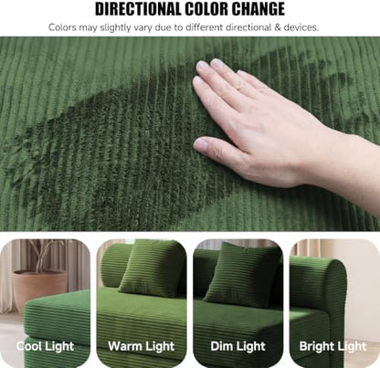 59" Convertible Sofa Bed, Corduroy Loveseat Sleeper Sofa with Pocket Springs, Foldable Floor Futon Couch with Removable Machine-Washable Cover, 2 Pillows, No Assembly, Dark Green