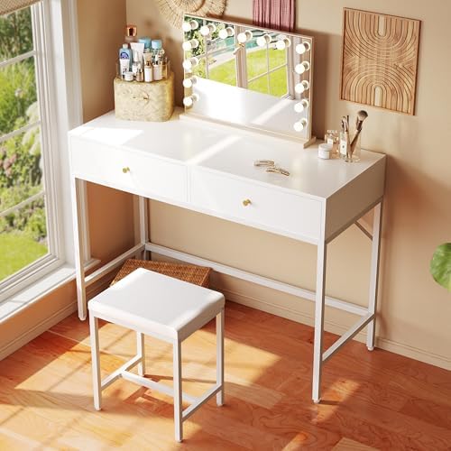 SUPERJARE 35.4" White Desk with 2 Drawers, Modern Makeup Vanity