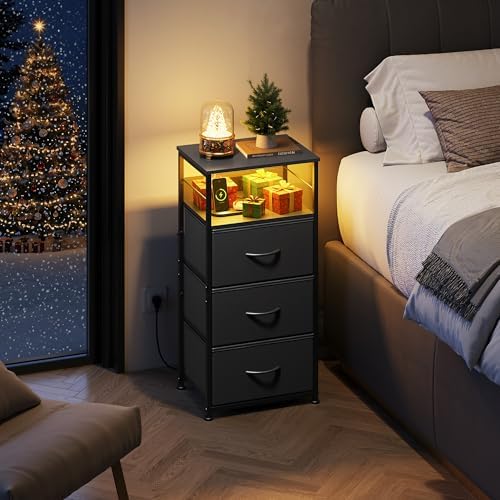 WLIVE Night Stand with Charging Station, Black LED 3 Drawers Bedside Table