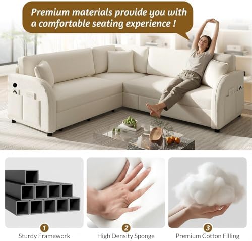 HANXIN 85.1" L-Shaped Sofa Couch with Pull Out Bed, Oversize Convertible Sectional Sleeper Sofa with Side Pocket & USB Port, 5 Seat Sherpa Fleece Upholstered Couches for Living Room(Beige)