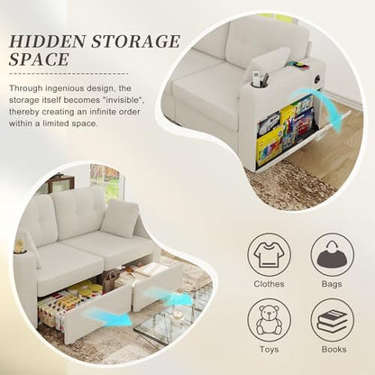YOPTO 68" 2-seat Sofa, USB Charging, Storage & Cup Holders, Chenille, Beige