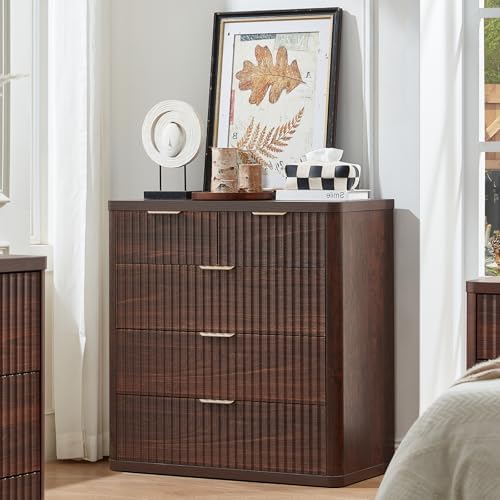 LEYAOYAO Fluted 5 Drawers Dresser for Bedroom Set of 2, 34" Tall Modern Chest of Drawers with Metal Handle, Curved Profile Design,Walnut Wood Drawer Organizer for Bedroom, Living Room, Hallway
