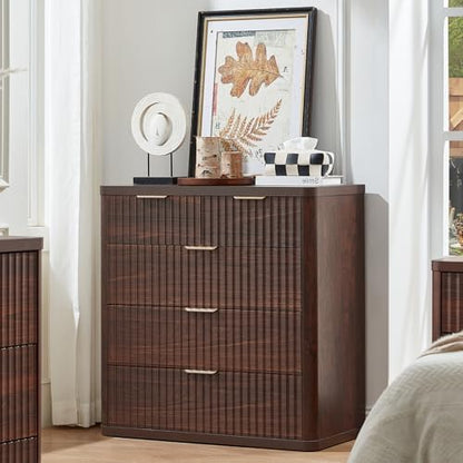 LEYAOYAO Fluted 5 Drawers Dresser for Bedroom Set of 2, 34" Tall Modern Chest of Drawers with Metal Handle, Curved Profile Design,Walnut Wood Drawer Organizer for Bedroom, Living Room, Hallway